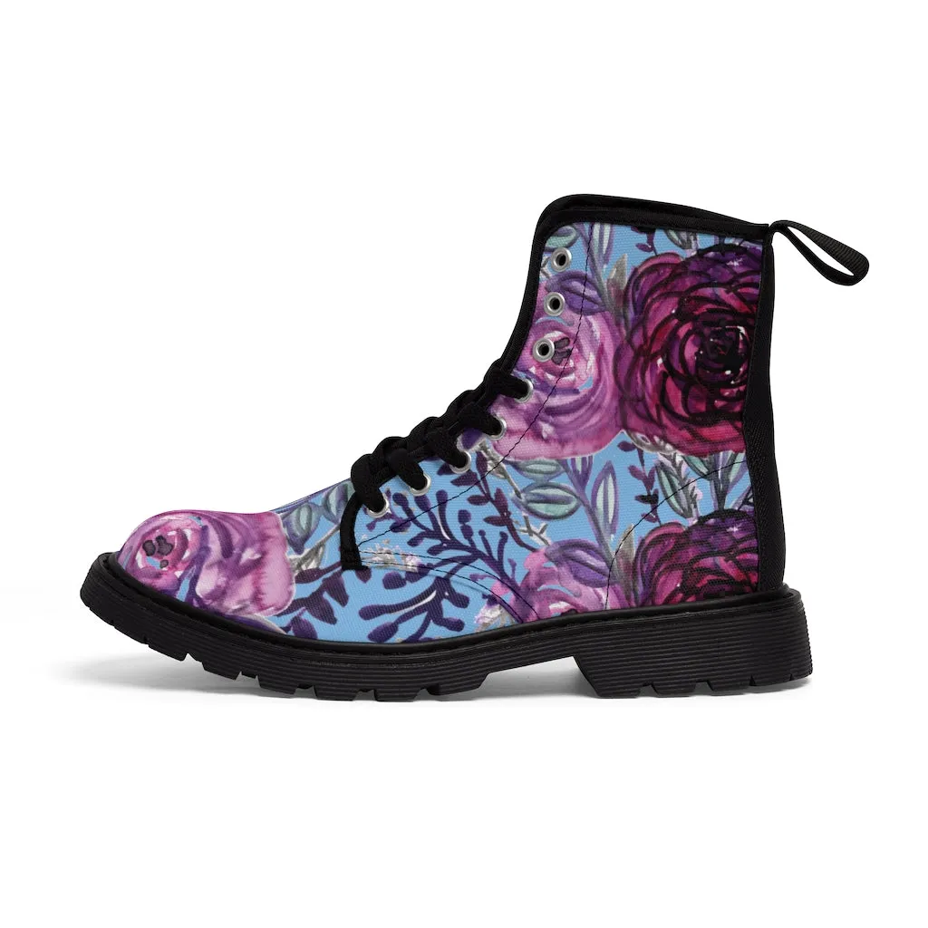 Blue Purple Floral Women's Boots, Vintage Style Designer Flower Print Hiking Boots For Ladies