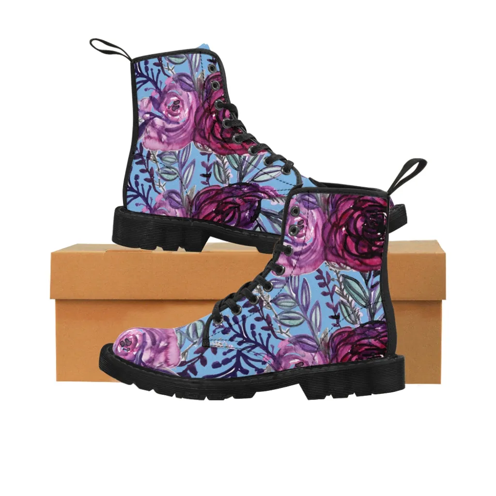 Blue Purple Floral Women's Boots, Vintage Style Designer Flower Print Hiking Boots For Ladies