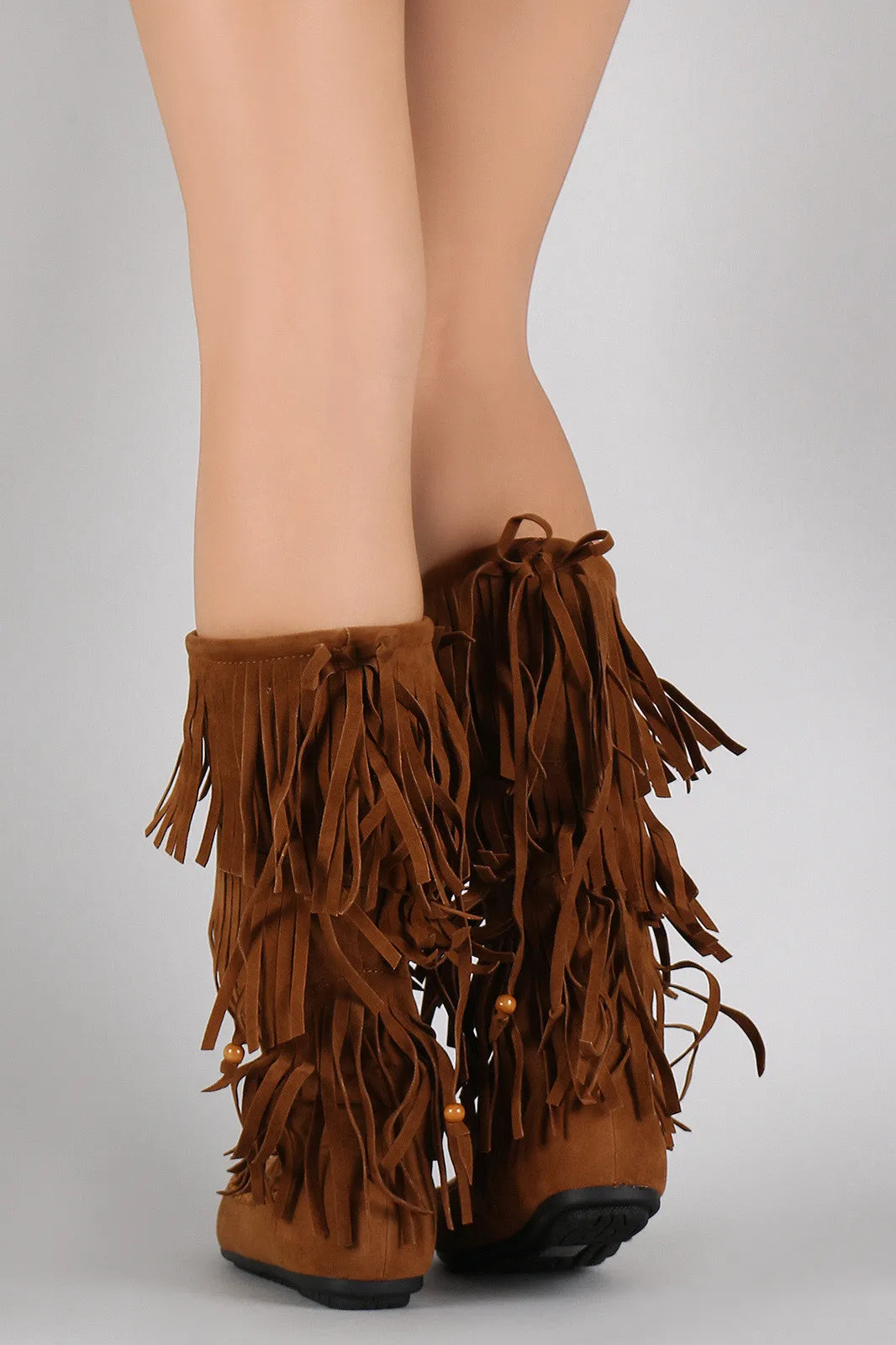 Bow Bead Fringe Moccasin Flat Boots