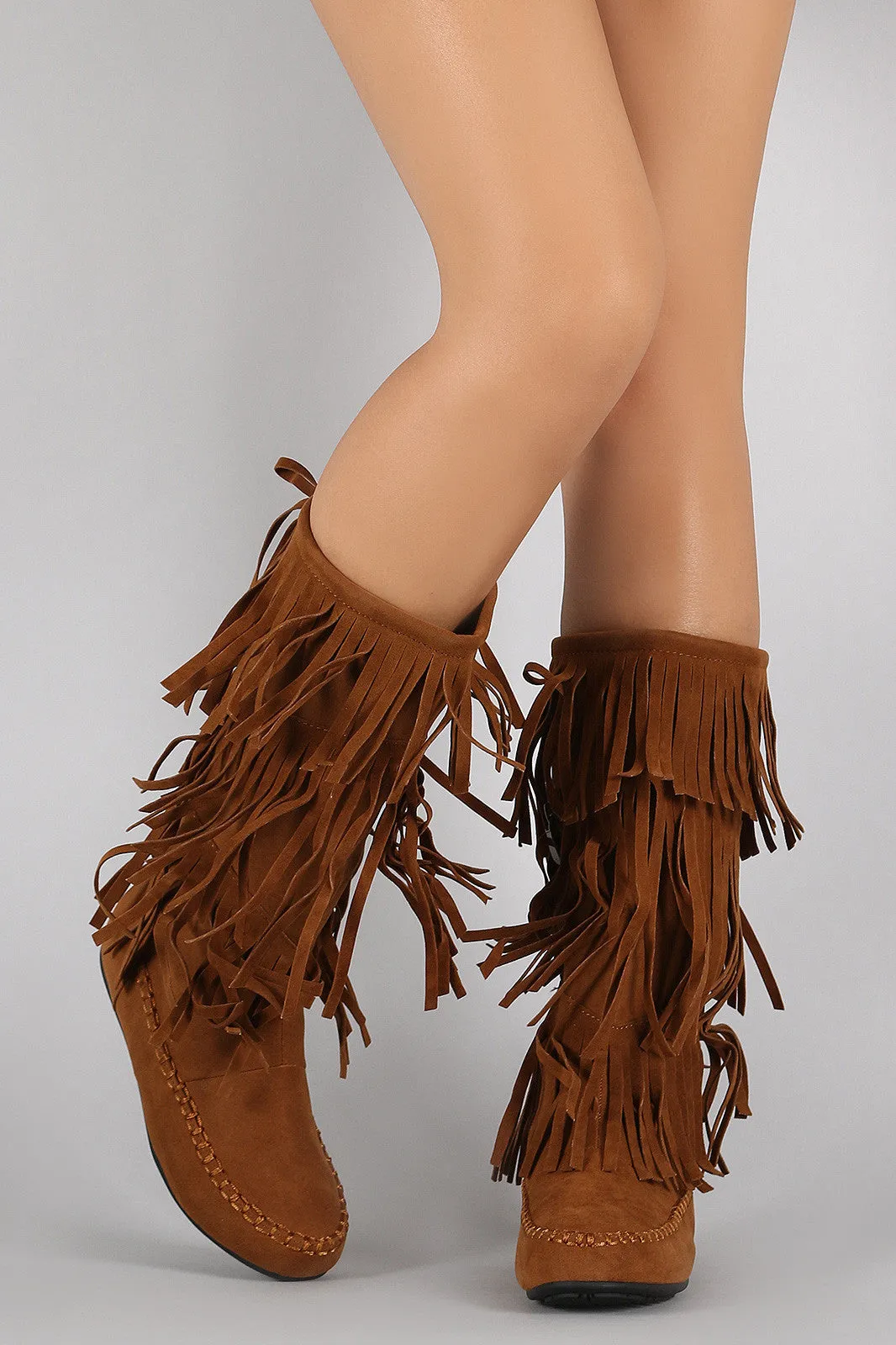 Bow Bead Fringe Moccasin Flat Boots