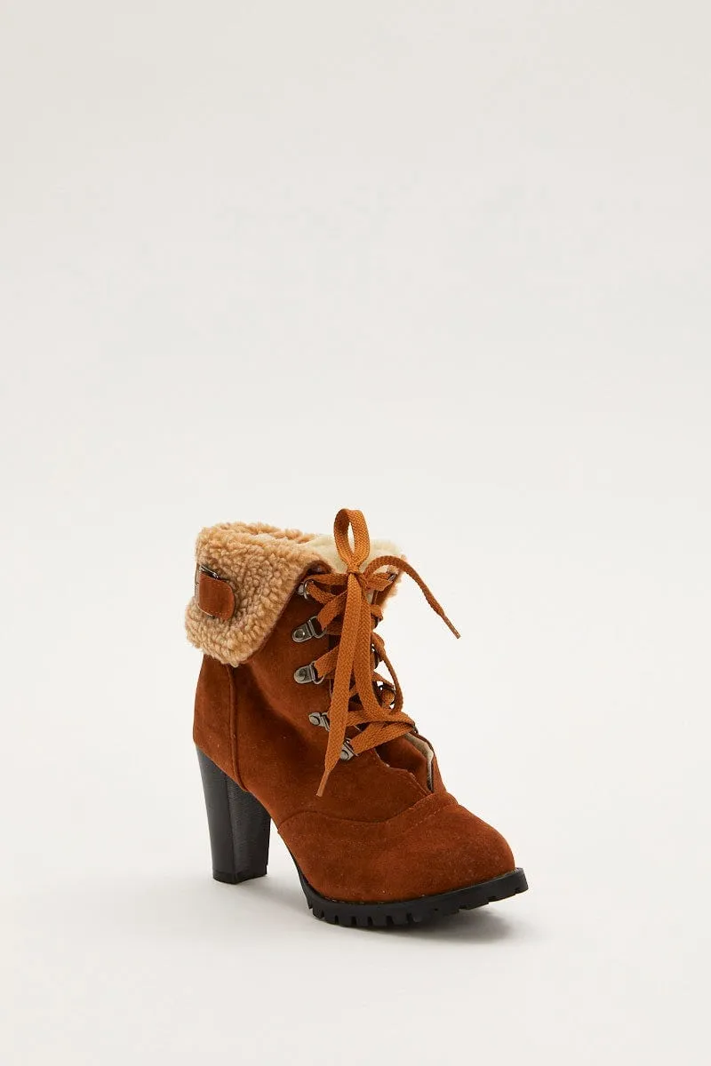 Brown Fur Trim Heeled Hiking Boots