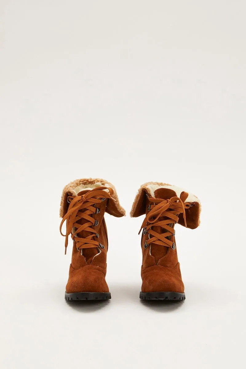 Brown Fur Trim Heeled Hiking Boots