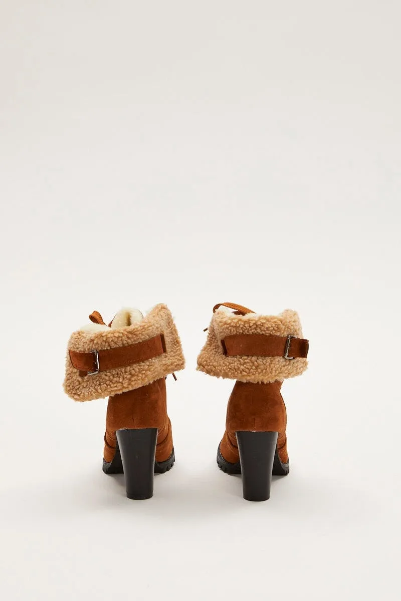 Brown Fur Trim Heeled Hiking Boots