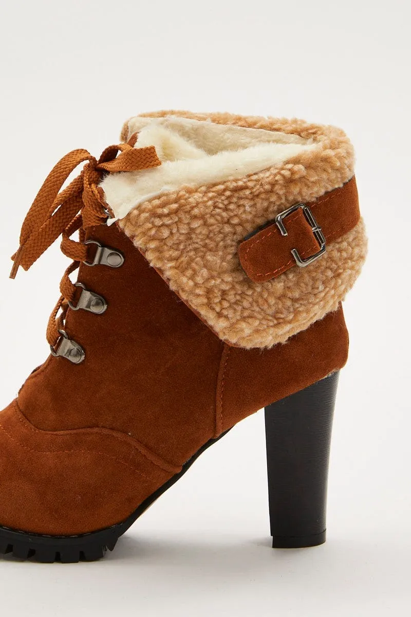 Brown Fur Trim Heeled Hiking Boots