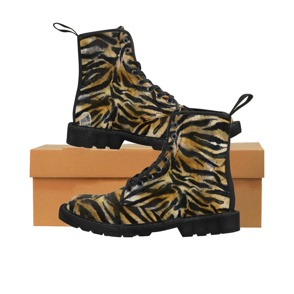 Brown Tiger Striped Men's Boots, Animal Print Lace-Up Winter Hiking Boots For Men