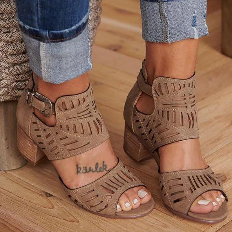 Buckle Hollow Heeled Sandals