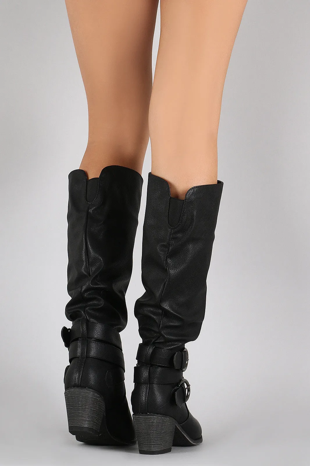 Buckled Chunky Heeled Slouchy Knee High Boots