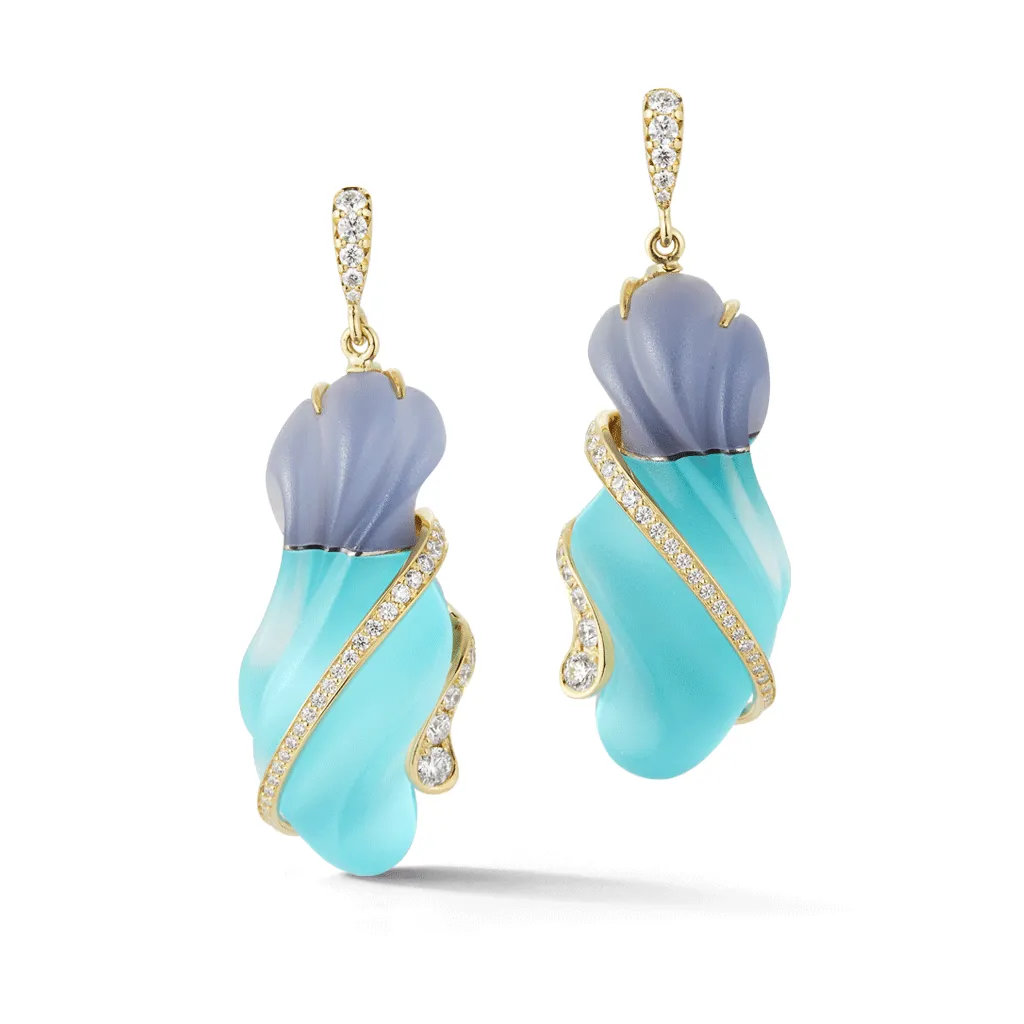 Carved Blue Chalcedony, Turquoise, Rock Crystal and Diamond Earrings