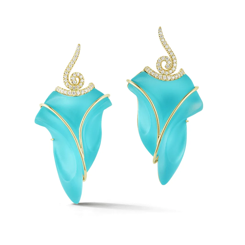 Carved Turquoise, Rock Crystal and Diamond Earrings