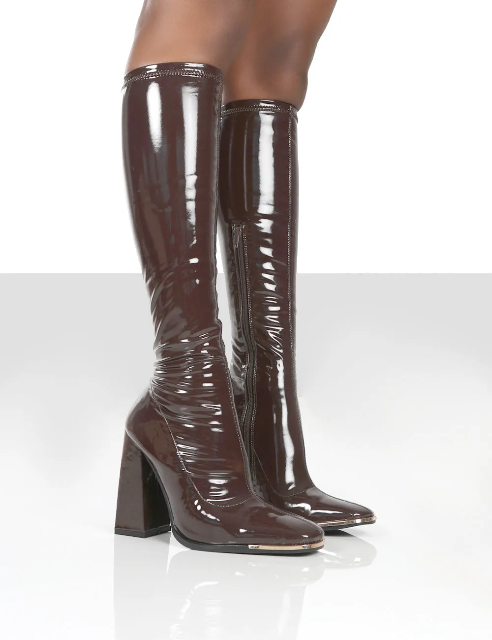 Caryn Chocolate Patent Knee High Heeled Boots