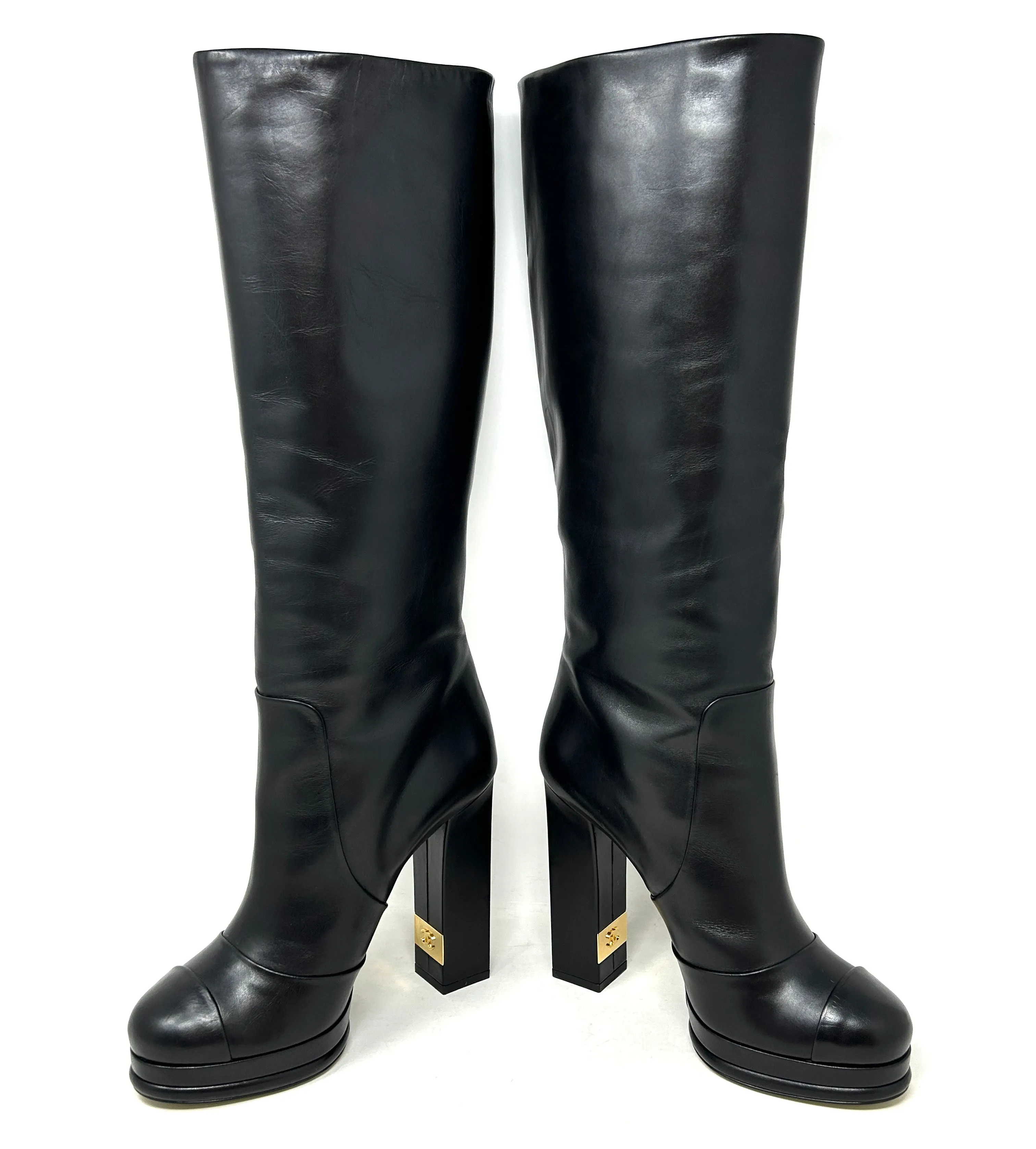 Chanel Black Leather Knee High Block Heel Pull On Boots Small 39 UK 6