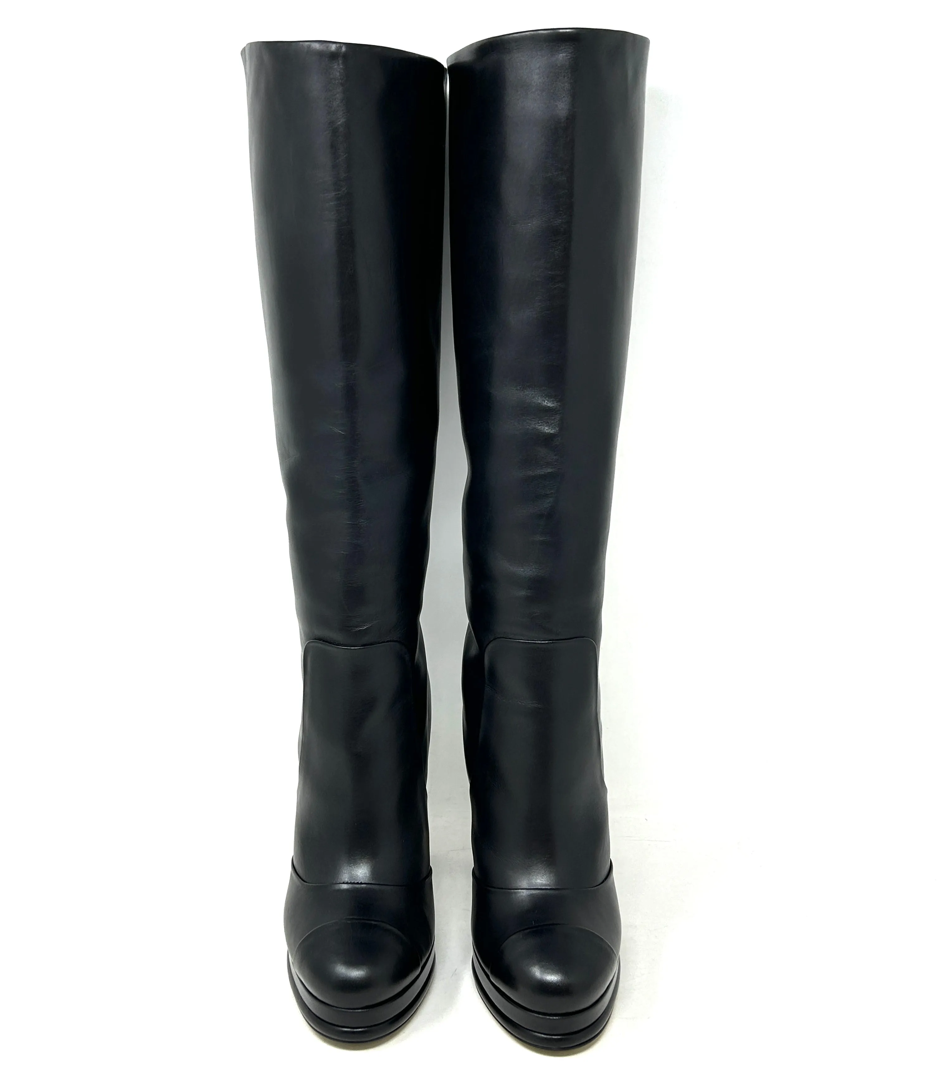 Chanel Black Leather Knee High Block Heel Pull On Boots Small 39 UK 6