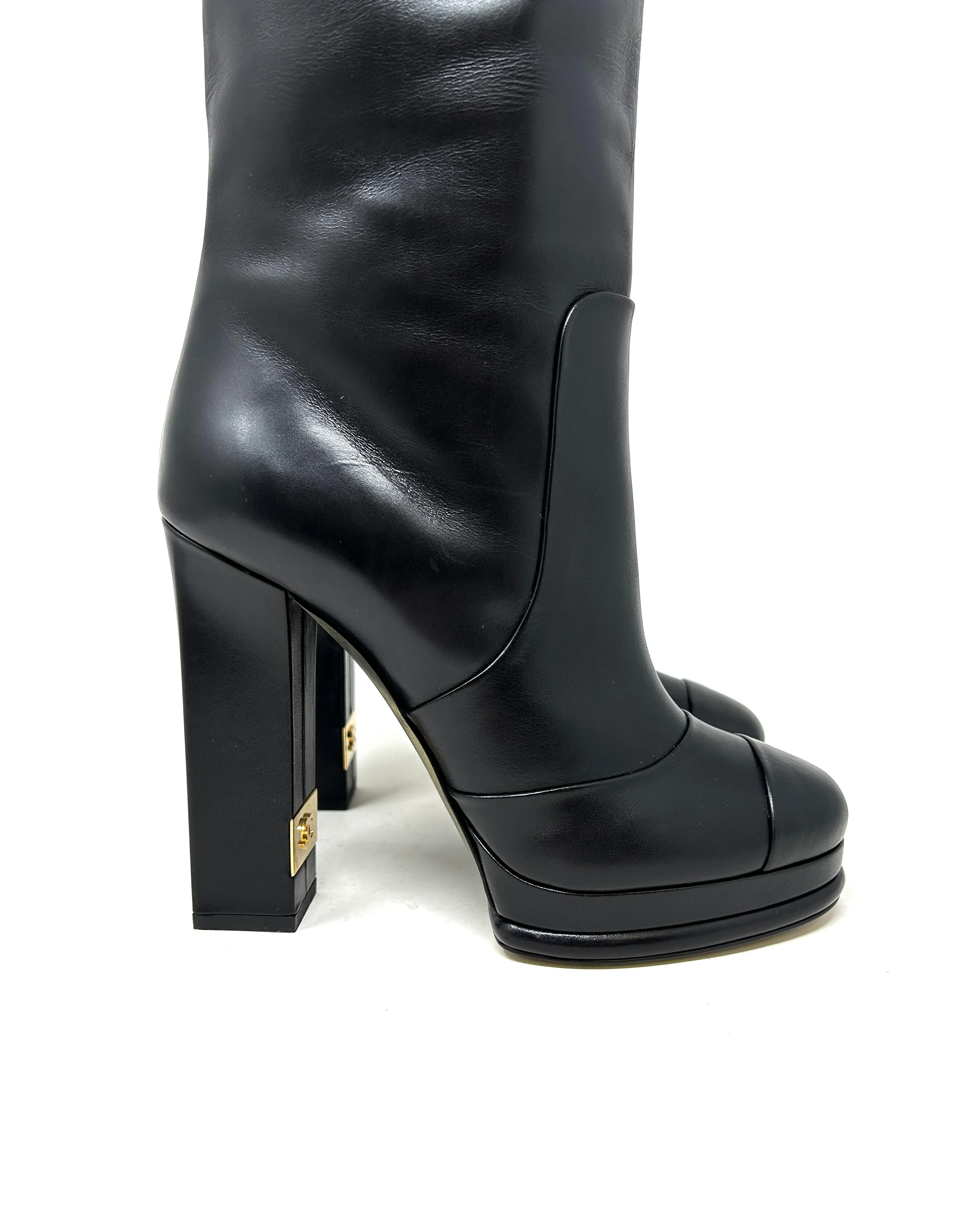 Chanel Black Leather Knee High Block Heel Pull On Boots Small 39 UK 6