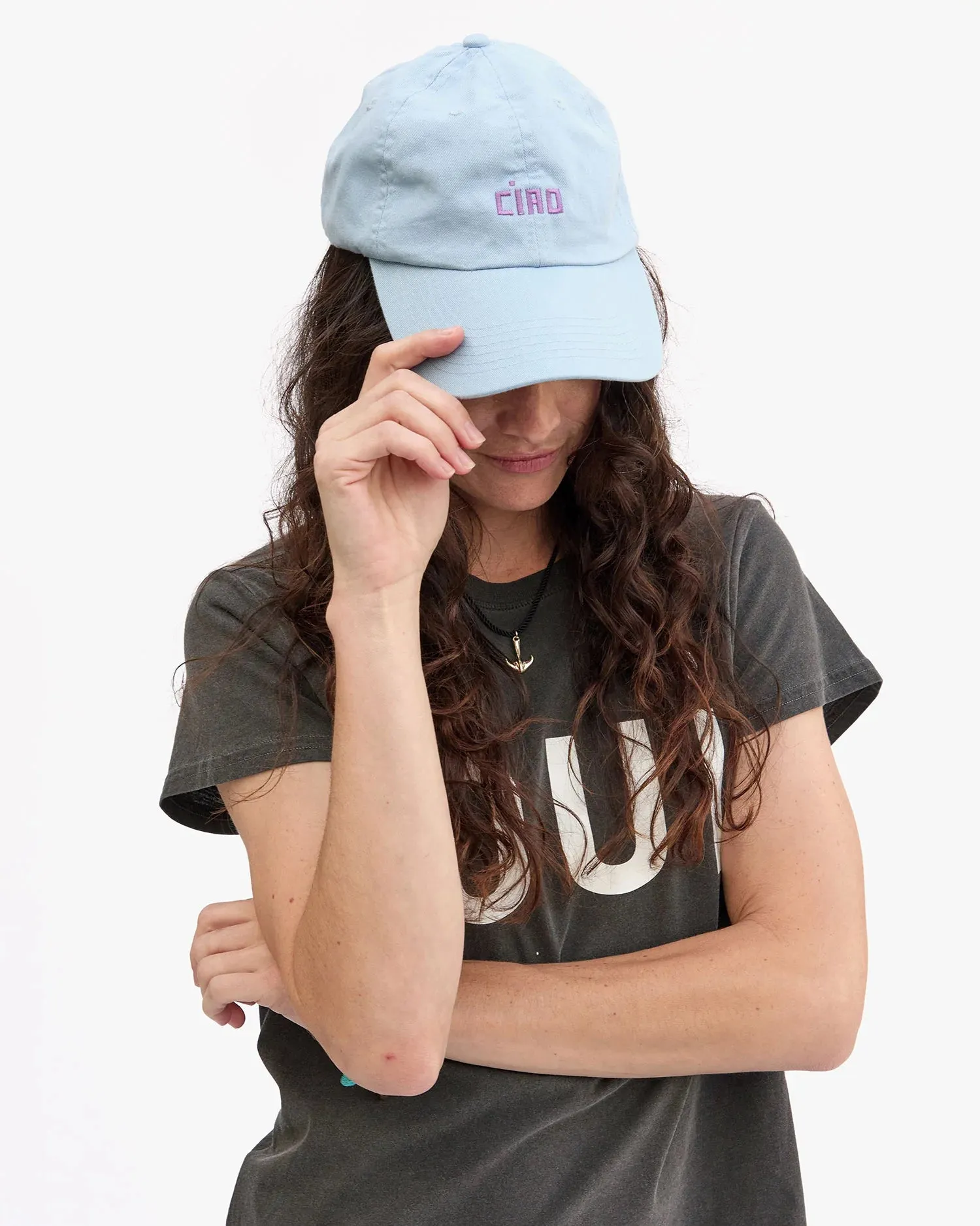 Clare V. Baseball Hat Sky Blue w/ Lilac Embroidered Petit Block Ciao