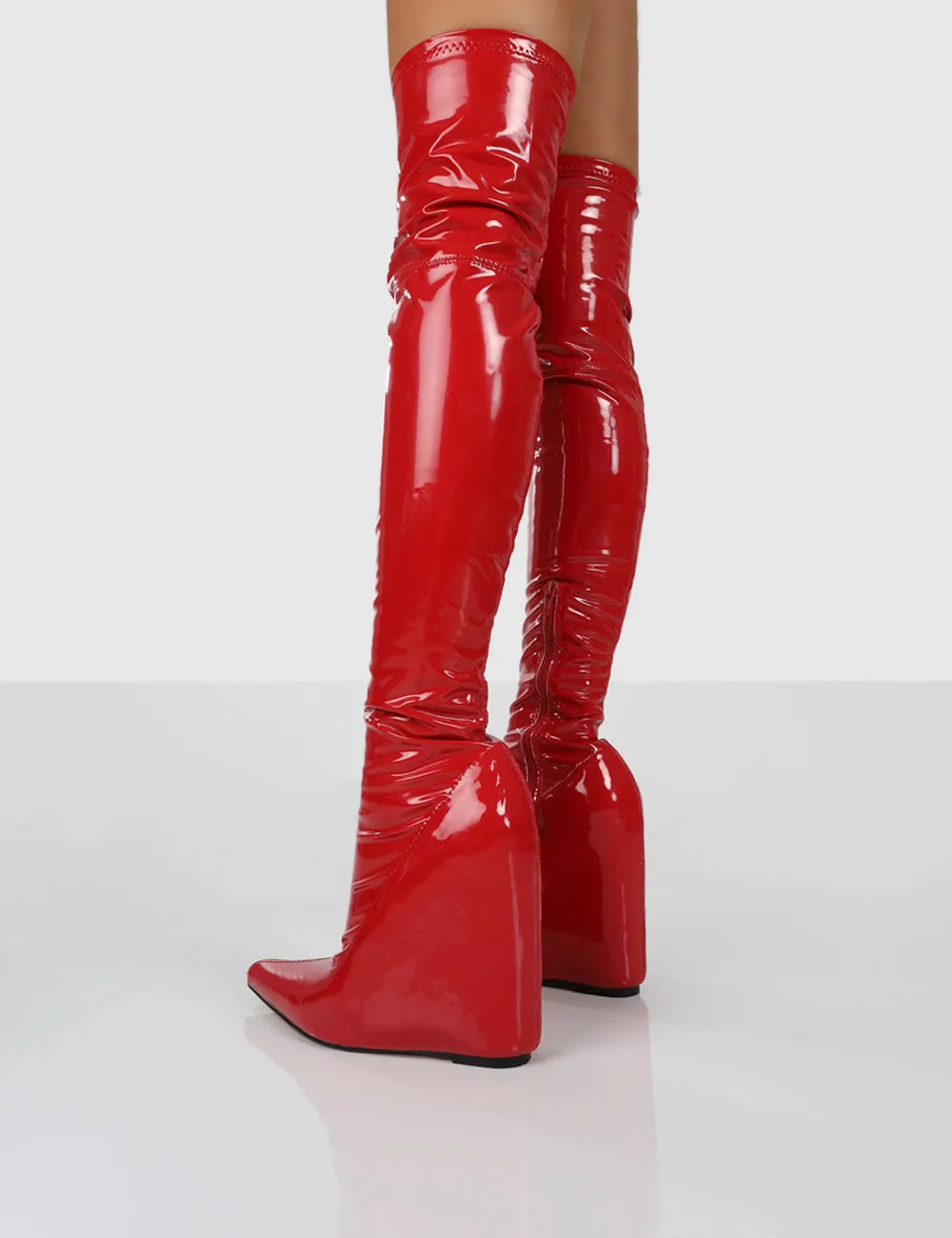 Clarissa Red Over The Knee Wedge Boots