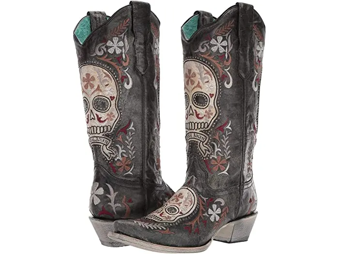 Corral Women's E1587 BLACK / WHITE SKULL OVERLAY & EMBROIDERY & STUDS