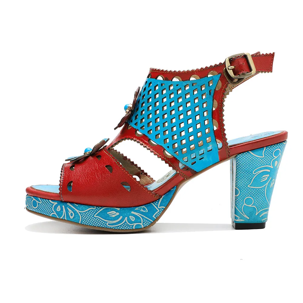 CrazycatZ Leather Block Heel Roman Sandals,Women Leather Bohemian Colorful Sandal 1002