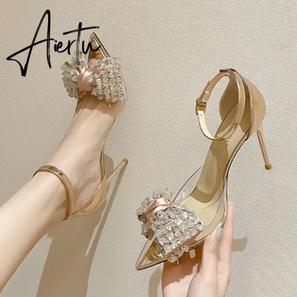 Crystal Bowknot Pumps Women Transparent Pvc Thin Heels Wedding Party Shoes Woman Bling Rhinestones High Heels Shoes