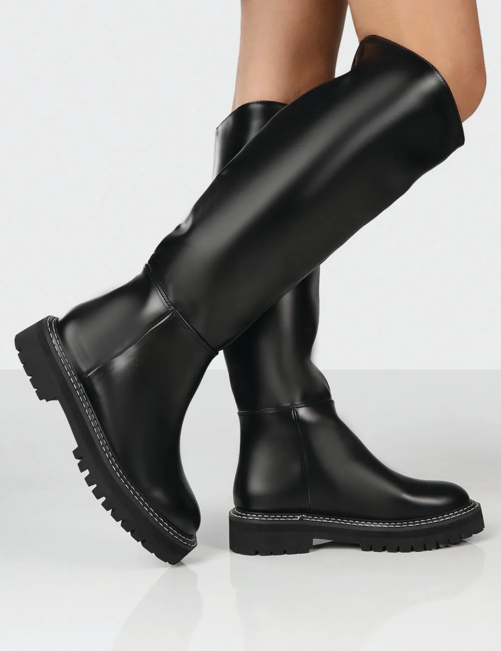 Dana Black Pu Chunky Sole Knee High Boots