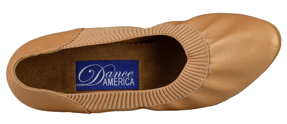 Dance America Helena Ladies Elasticized Tan Leather Ballroom Dance Shoe with Soft Knit Topline