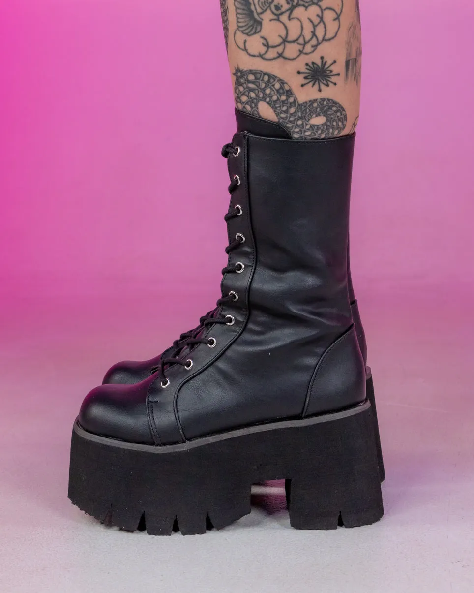 Demonia Ashes Black Lace-Up Mid-Calf Platform Boot