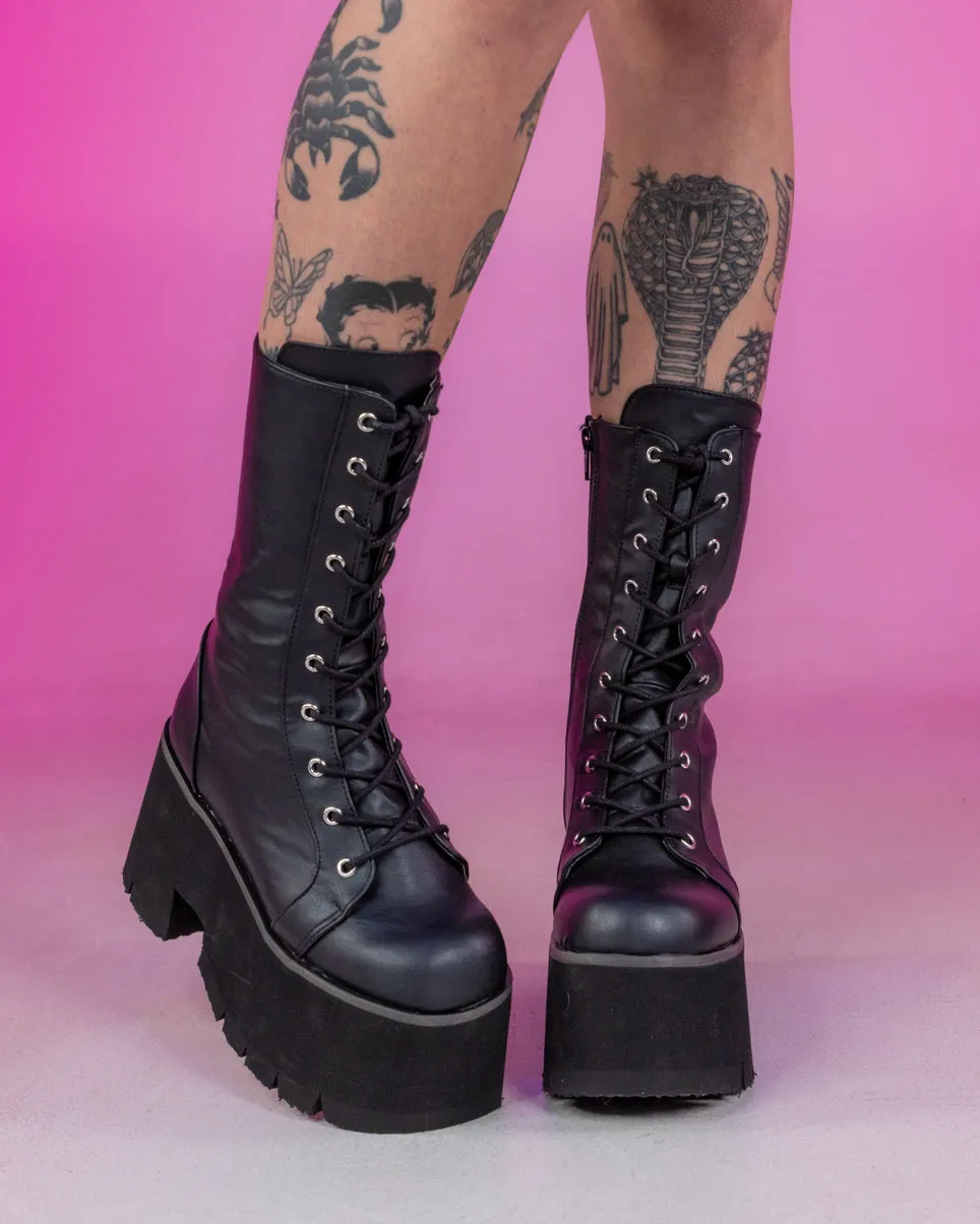 Demonia Ashes Black Lace-Up Mid-Calf Platform Boot