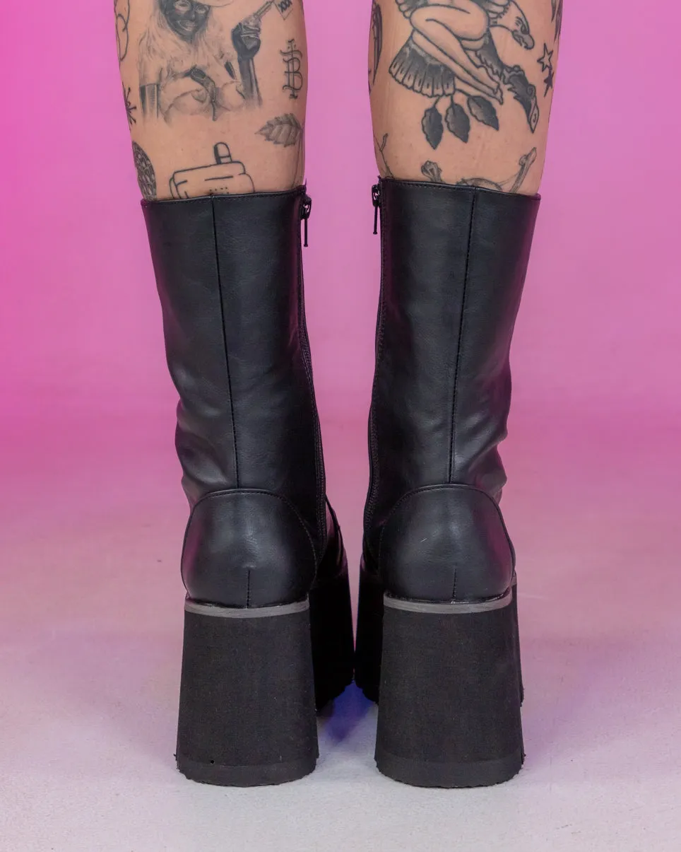 Demonia Ashes Black Lace-Up Mid-Calf Platform Boot