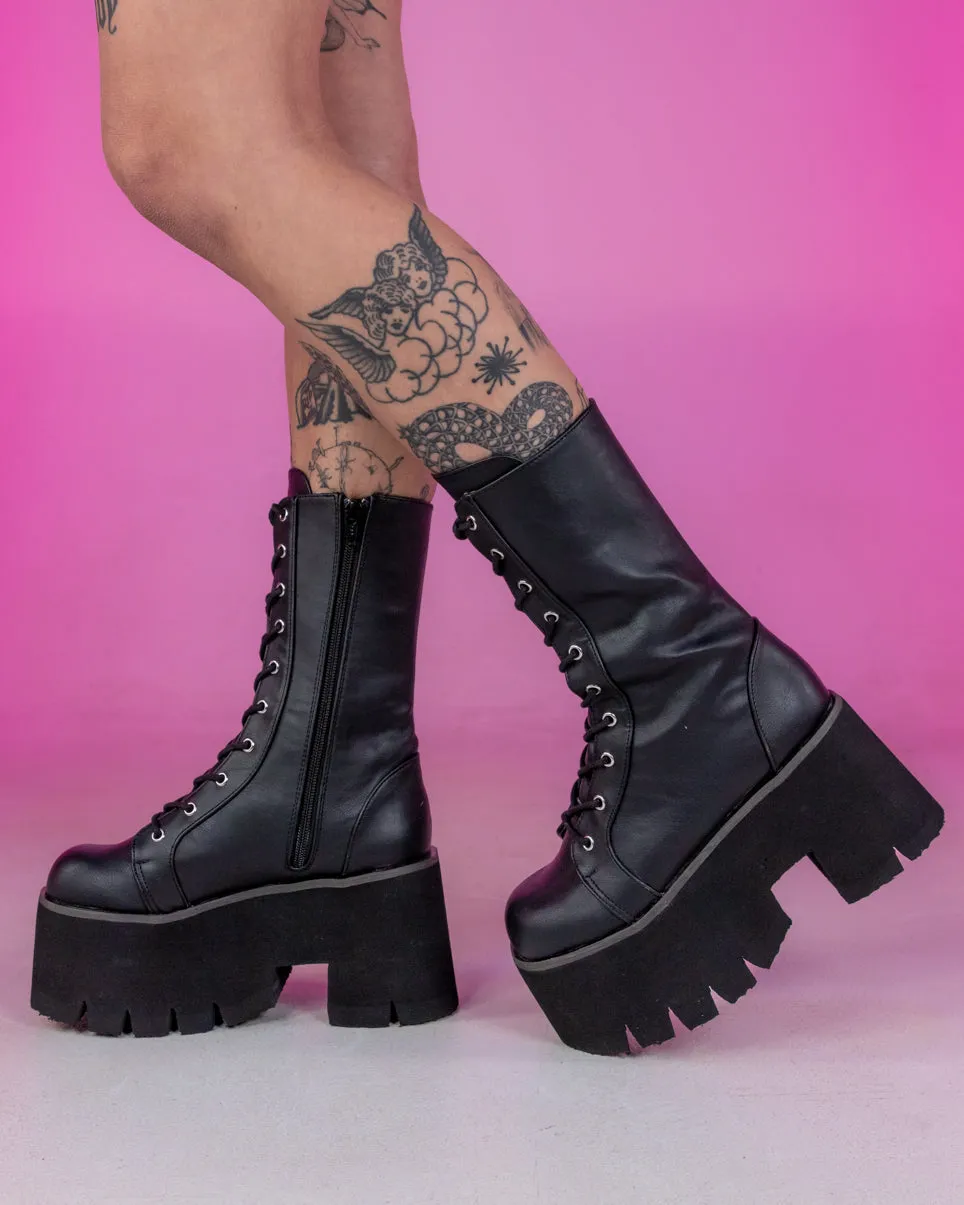 Demonia Ashes Black Lace-Up Mid-Calf Platform Boot