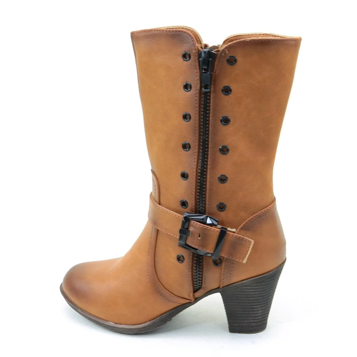 Distressed Mid-calf Buckle Chunky Heel Women's Vegan Boots