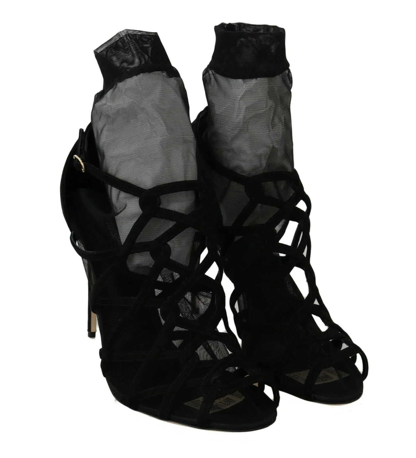 Dolce & Gabbana Black Suede Tulle Ankle Boots Sandal Shoes