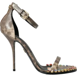 Dolce & Gabbana Brown Exotic Leather Crystal Sandals Shoes