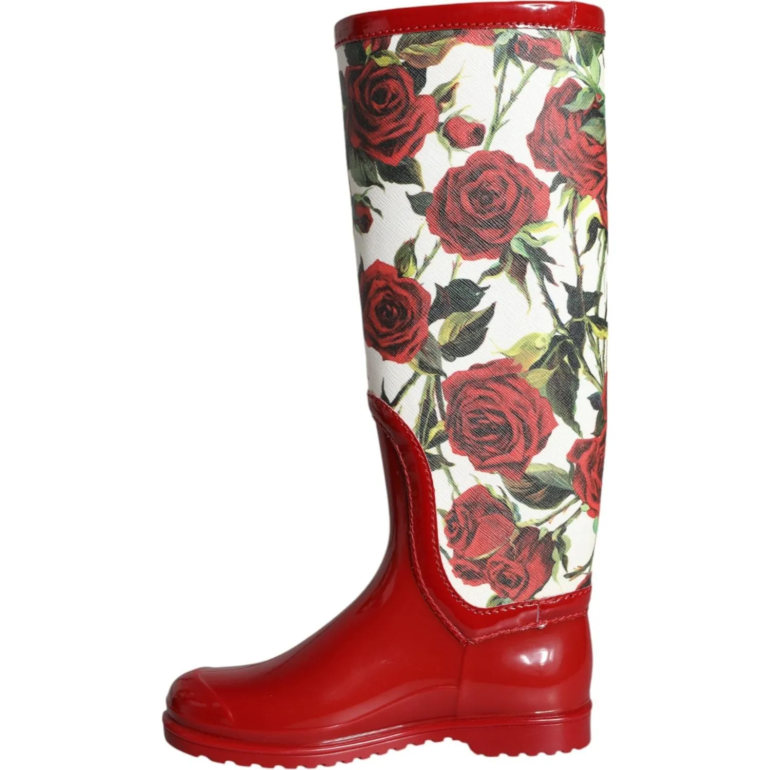 Dolce & Gabbana Red Floral Rubber Knee High Flat Boots Shoes