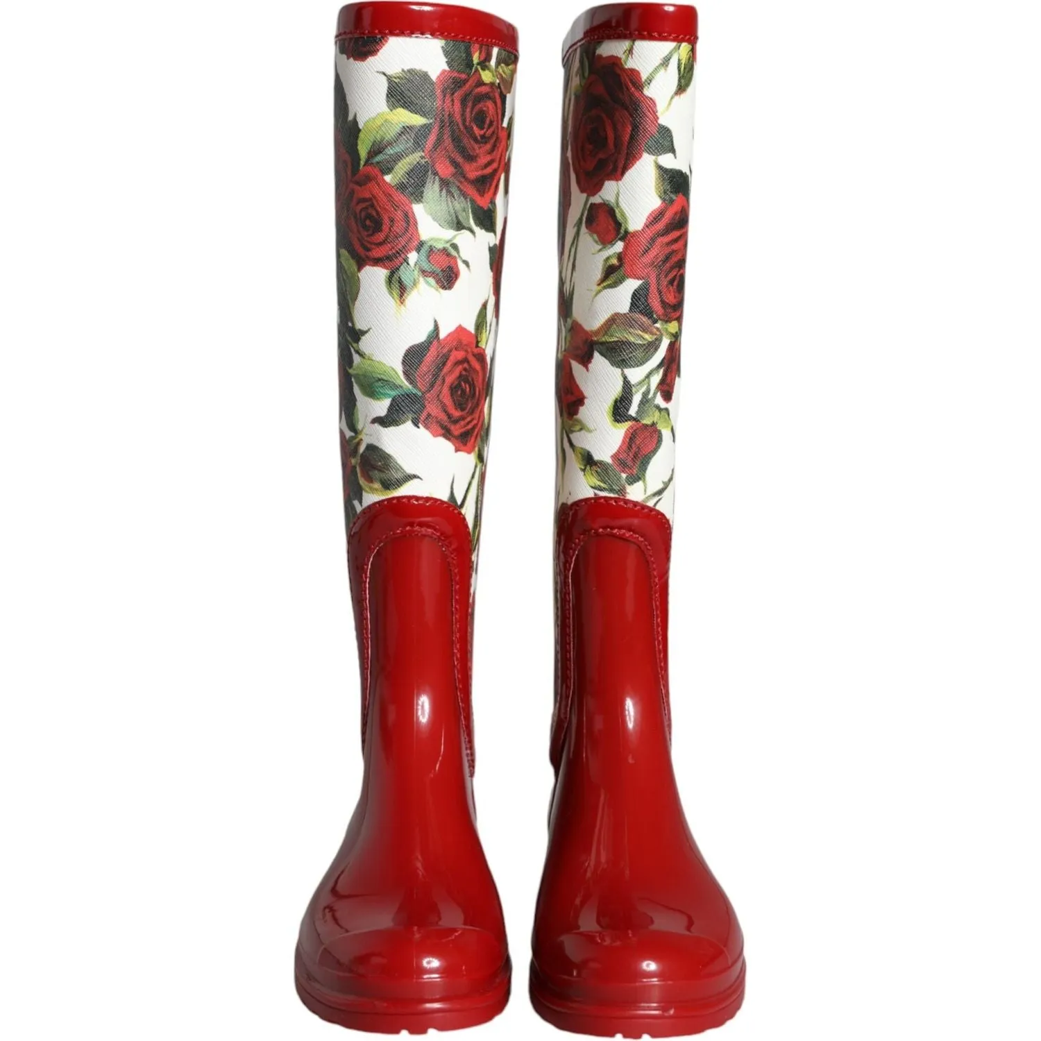 Dolce & Gabbana Red Floral Rubber Knee High Flat Boots Shoes