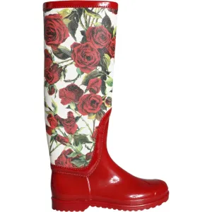 Dolce & Gabbana Red Floral Rubber Knee High Flat Boots Shoes