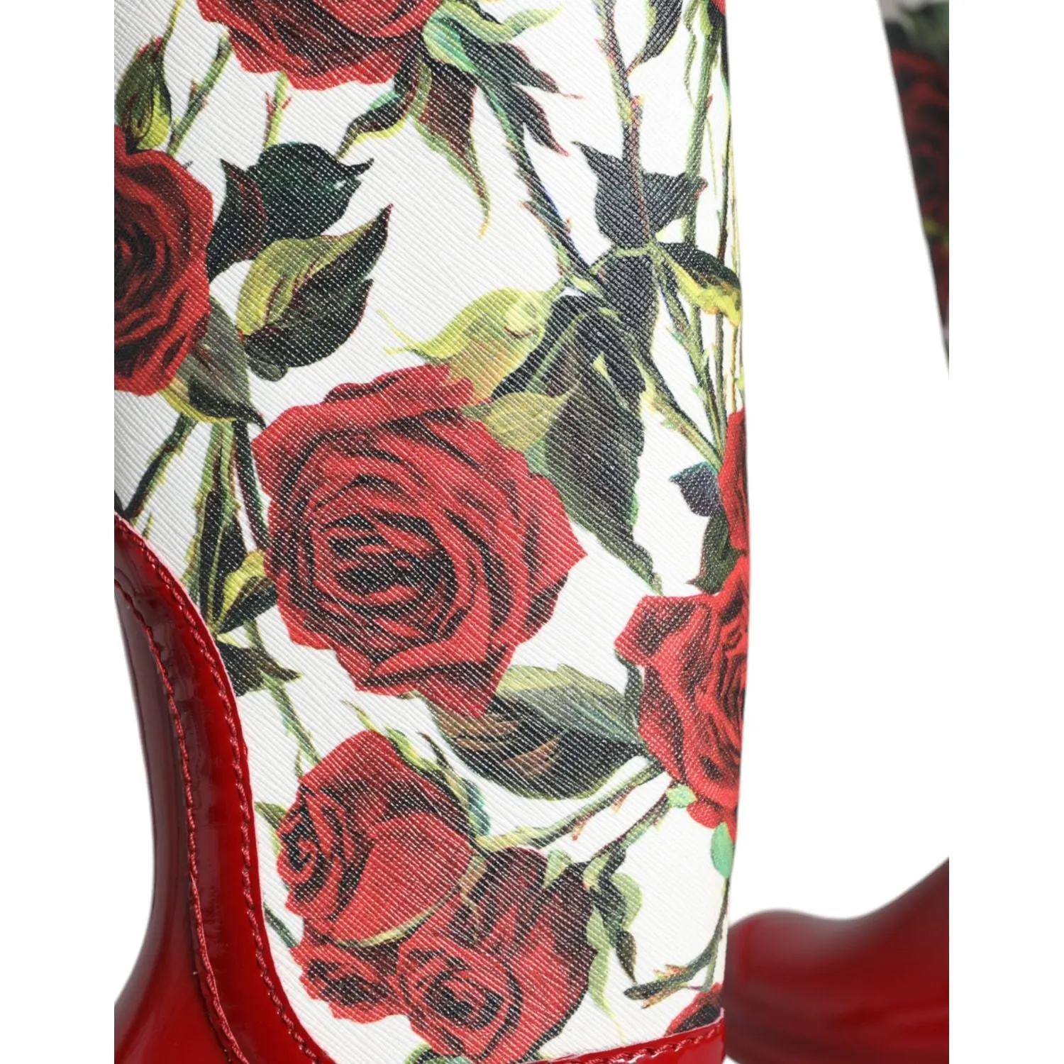 Dolce & Gabbana Red Floral Rubber Knee High Flat Boots Shoes