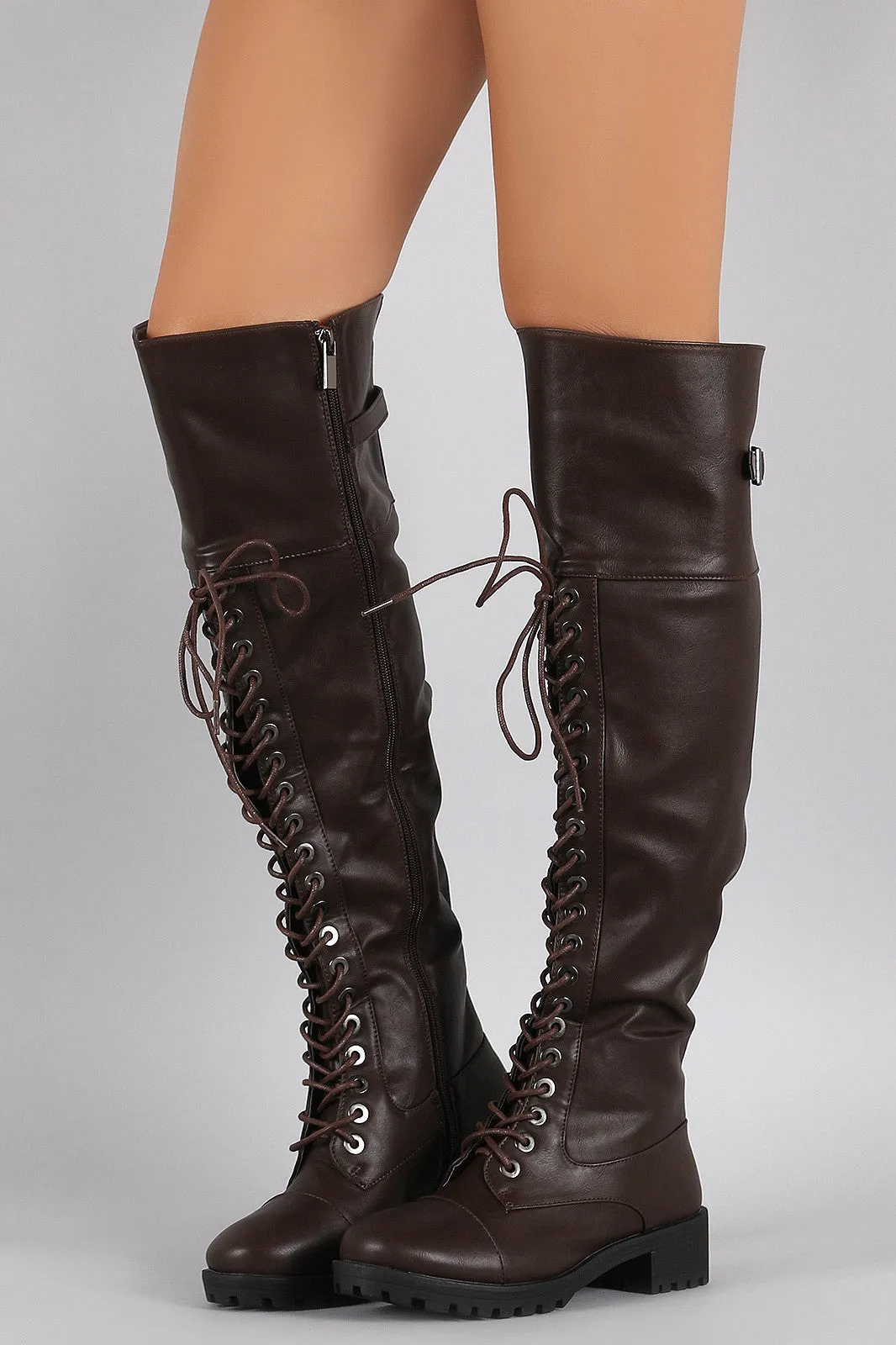 Dollhouse Round Toe Lace Up Combat Over-The-Knee Boots