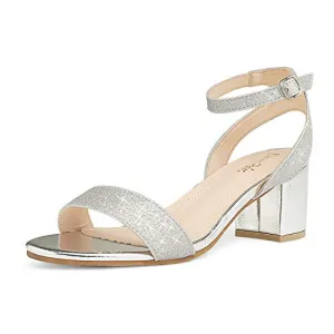 DREAM PAIRS Women's Silver Glitter Low Block Chunky Heels Sandals Party Dress Pumps Shoes