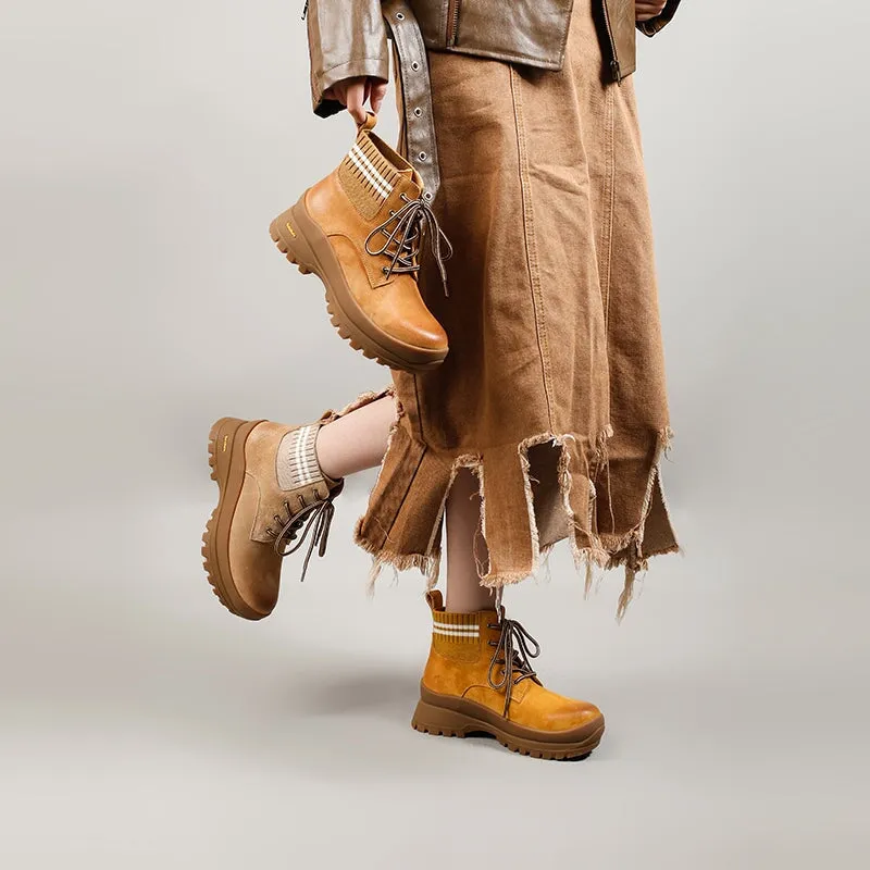 DWARVES Leather Martin Boots Designer Retro Chunky Combat Boots in Yellow/Caramel/Apricot