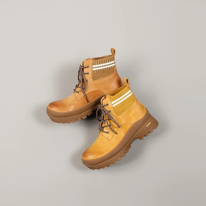 DWARVES Leather Martin Boots Designer Retro Chunky Combat Boots in Yellow/Caramel/Apricot