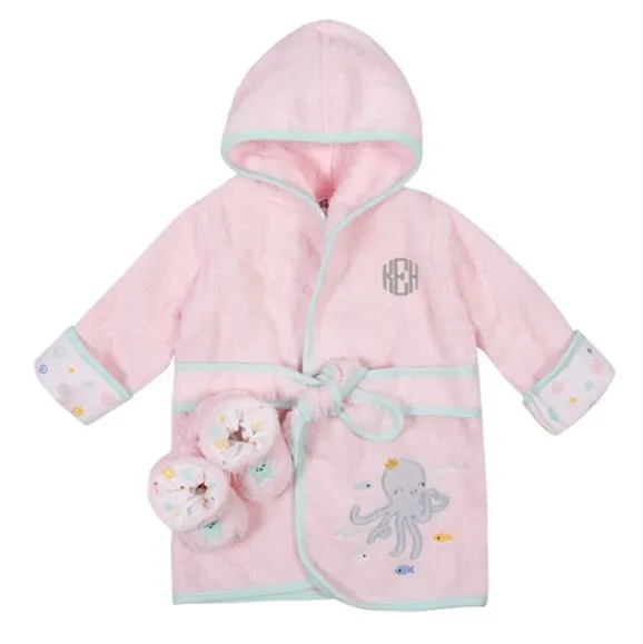 Embroidered 2-Piece Baby Girls Octopus Woven Terry Robe and Booties (3-9M)