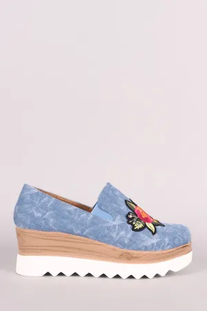 Embroidered Floral Denim Lug Sole Loafer Platform Wedge