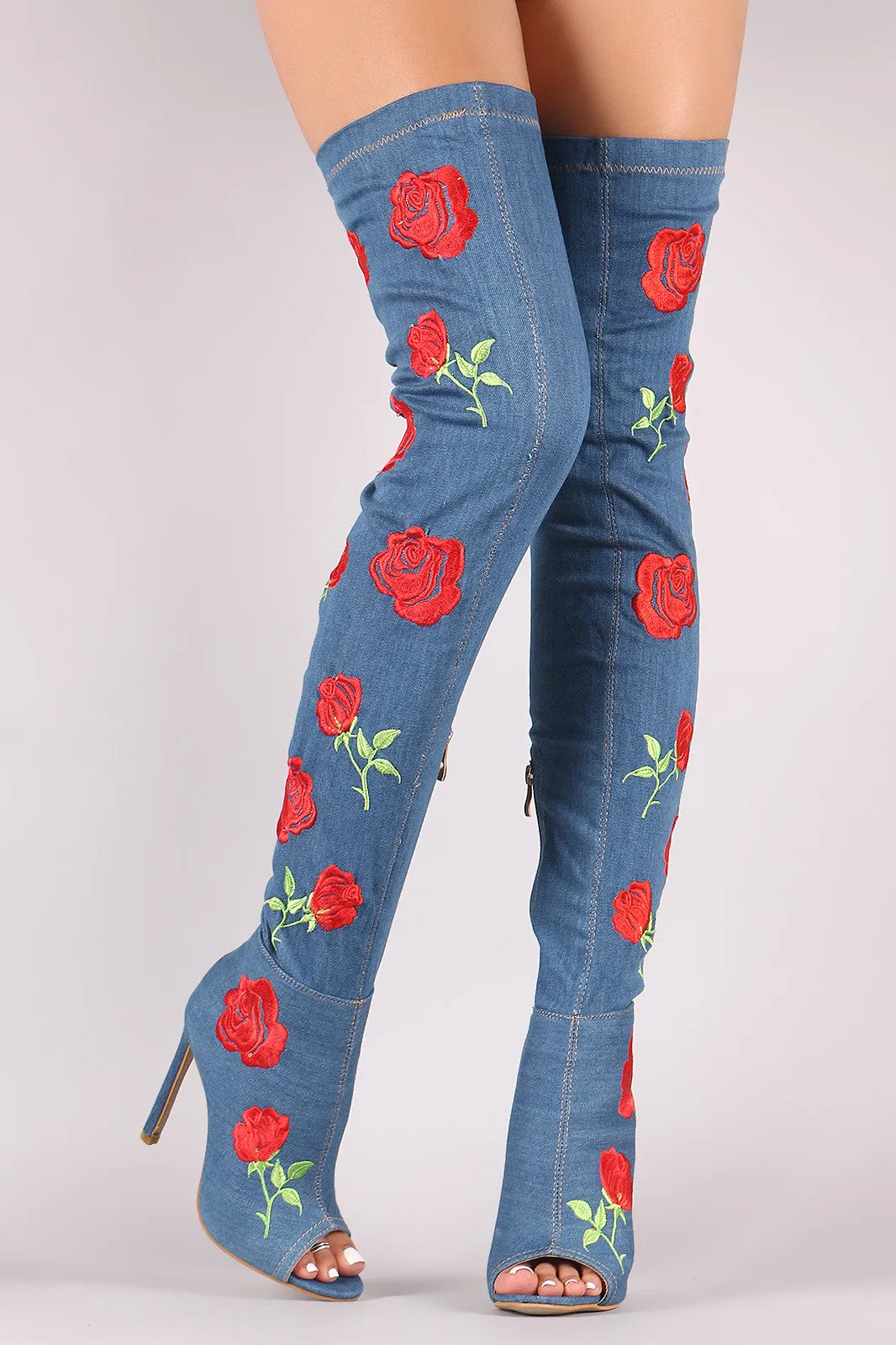 Embroidery Rosette Denim Stiletto Over-The-Knee Boots