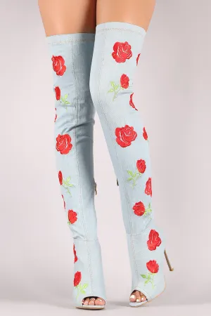 Embroidery Rosette Denim Stiletto Over-The-Knee Boots