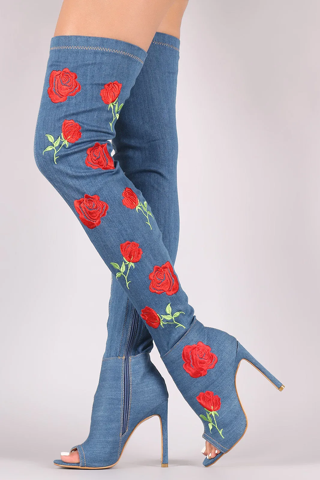 Embroidery Rosette Denim Stiletto Over-The-Knee Boots