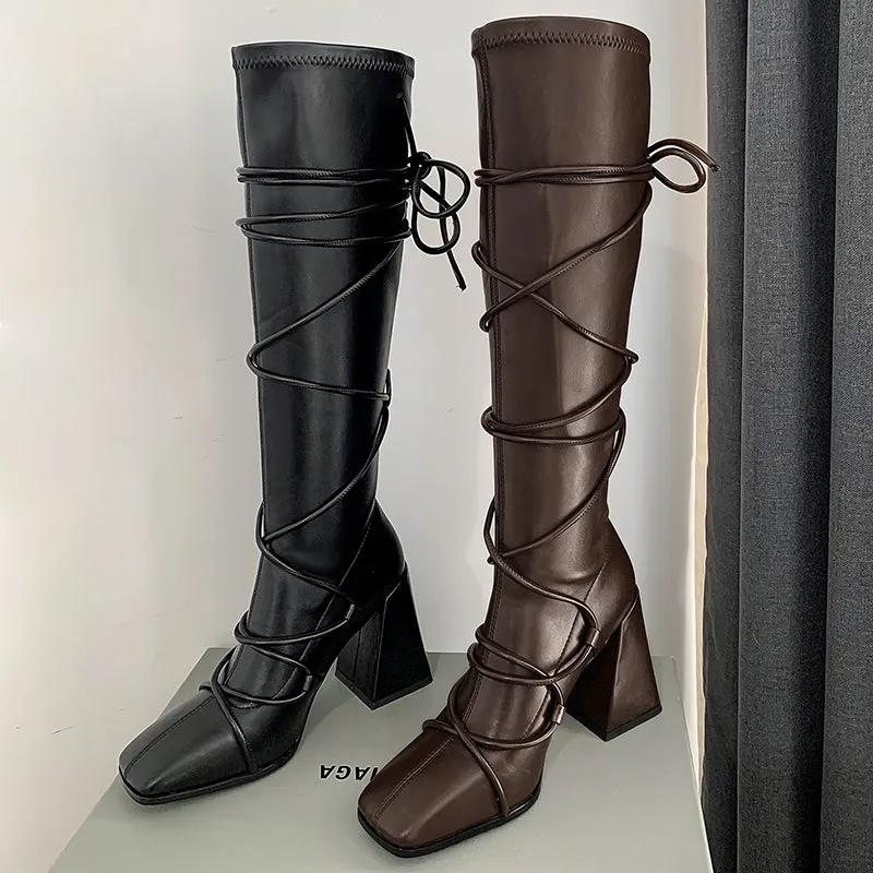 Eva Vegan Leather Chunky Heel strappy Knee High Boots