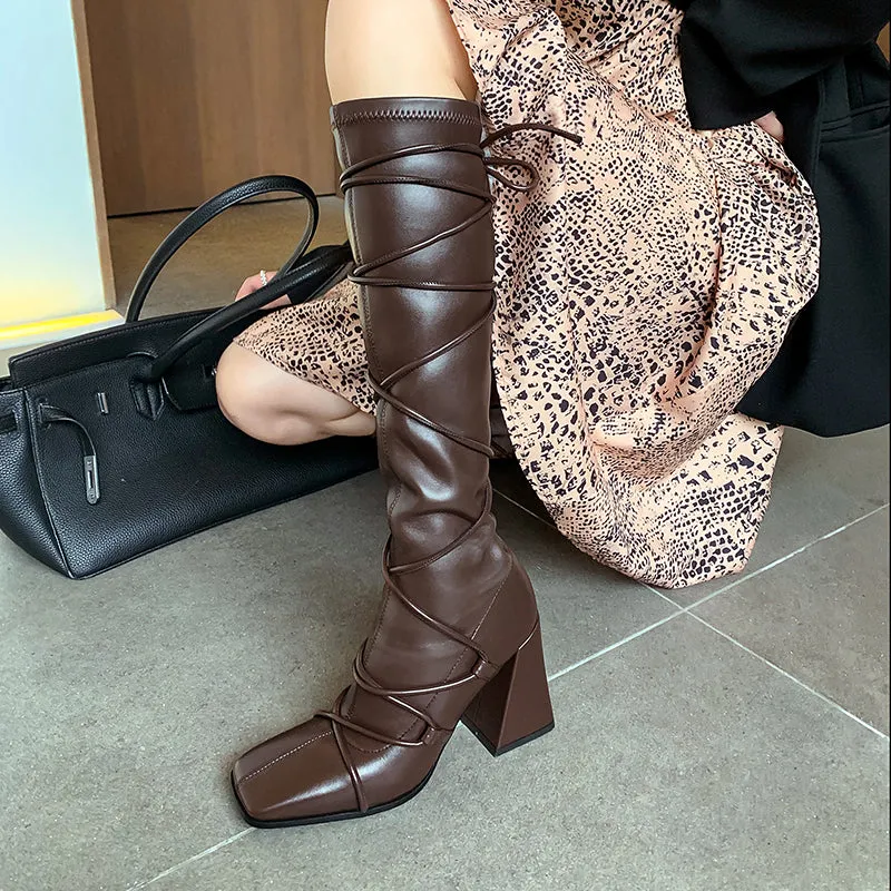 Eva Vegan Leather Chunky Heel strappy Knee High Boots