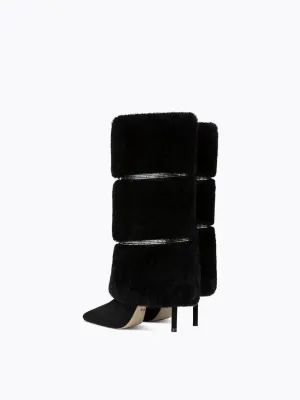 Fabfei Fall/Winter pointed toe black high heel sexy stiletto mid-length boots fur boot - Marai