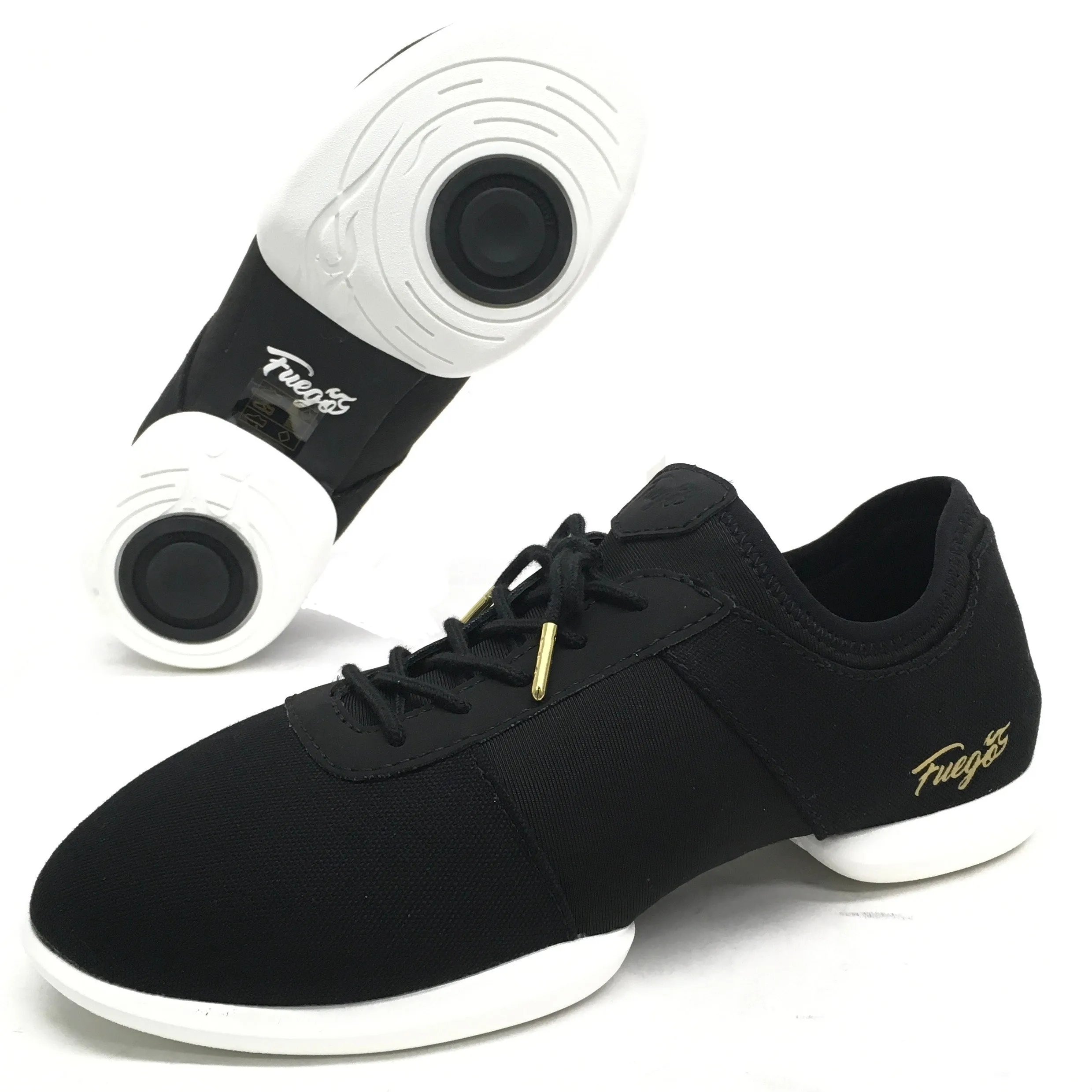 Fuego: Split Sole Dance Sneaker | Black on White | MED | Flat Split Rubber Sole | VEGAN