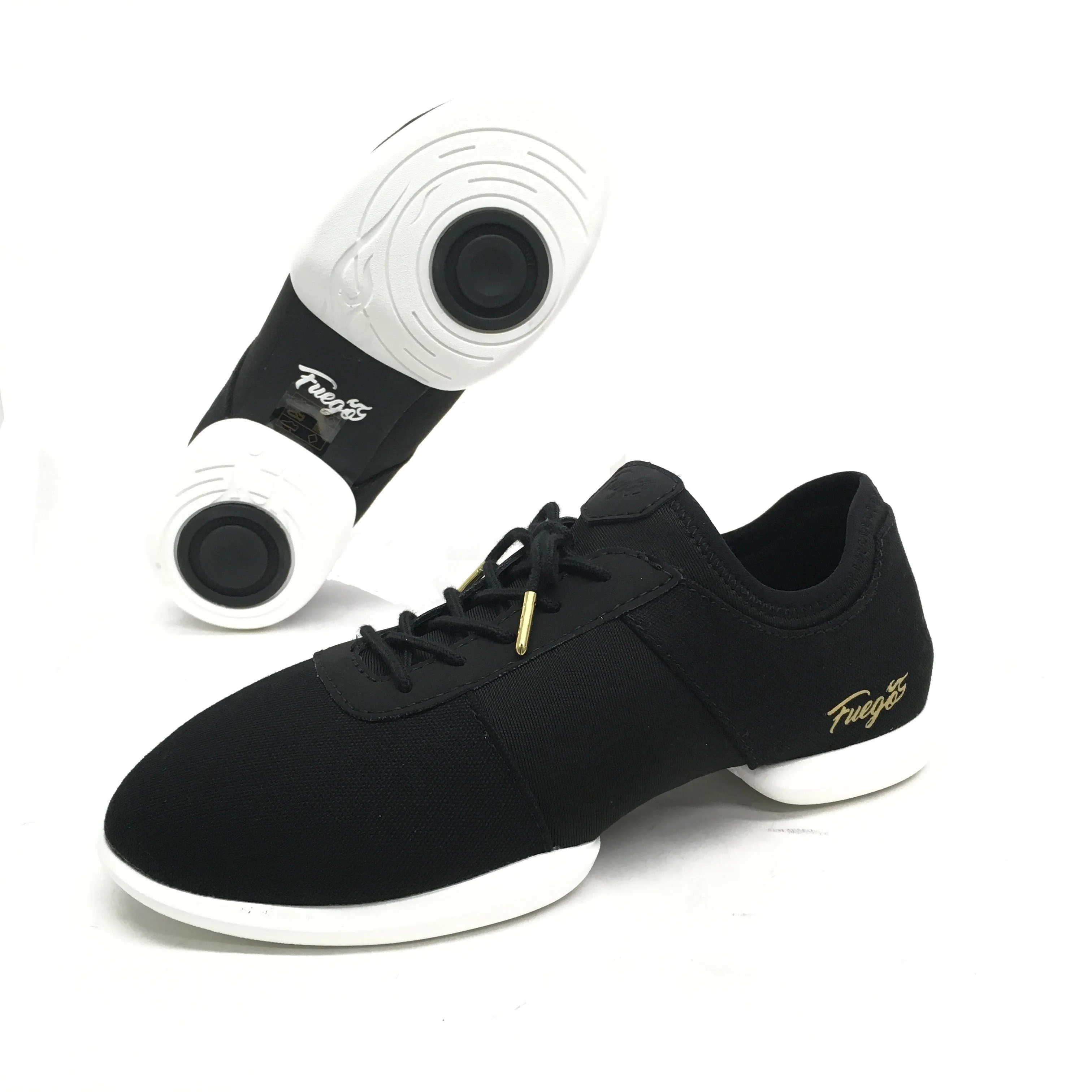 Fuego: Split Sole Dance Sneaker | Black on White | MED | Flat Split Rubber Sole | VEGAN