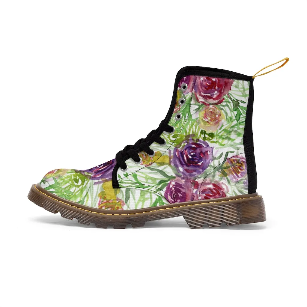 Garden Rose Floral Women's Boots, Pink Yellow Flower Vintage Style Ladies' Combat Hiking Boots